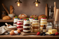 Cakes baked in mason jars in a bakery with ingredients