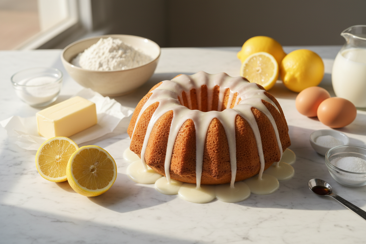 Lemon drizzled bundt cake and it's ingredients