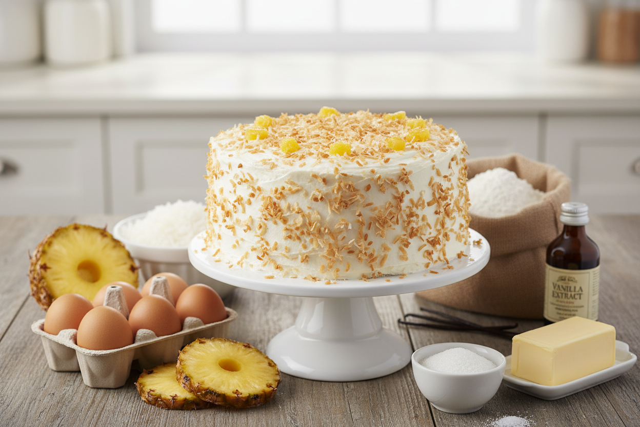 pineapple coconut cake and ingredients