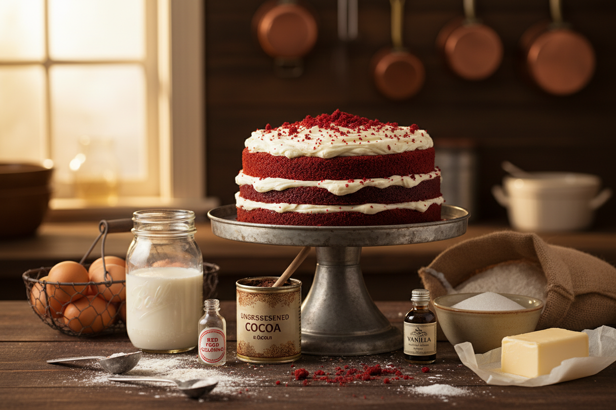 Red velvet cake and ingredients