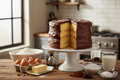 Yellow layer cake with chocolate icing and it's ingredients